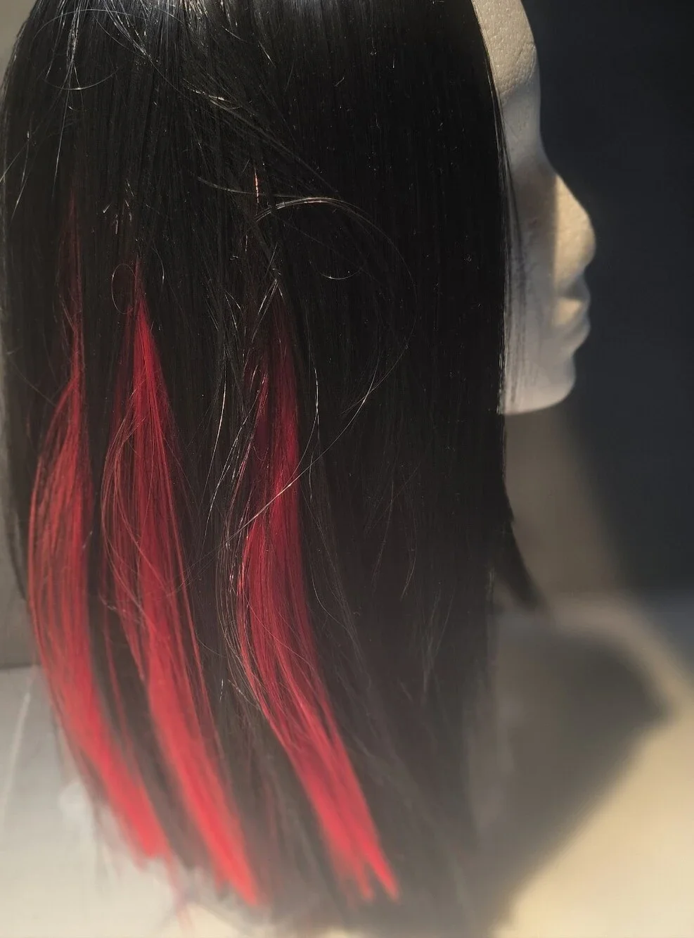 Black Med Length Bob Wig Striking Red Peekaboo Highlites All Around.Eaay Styling